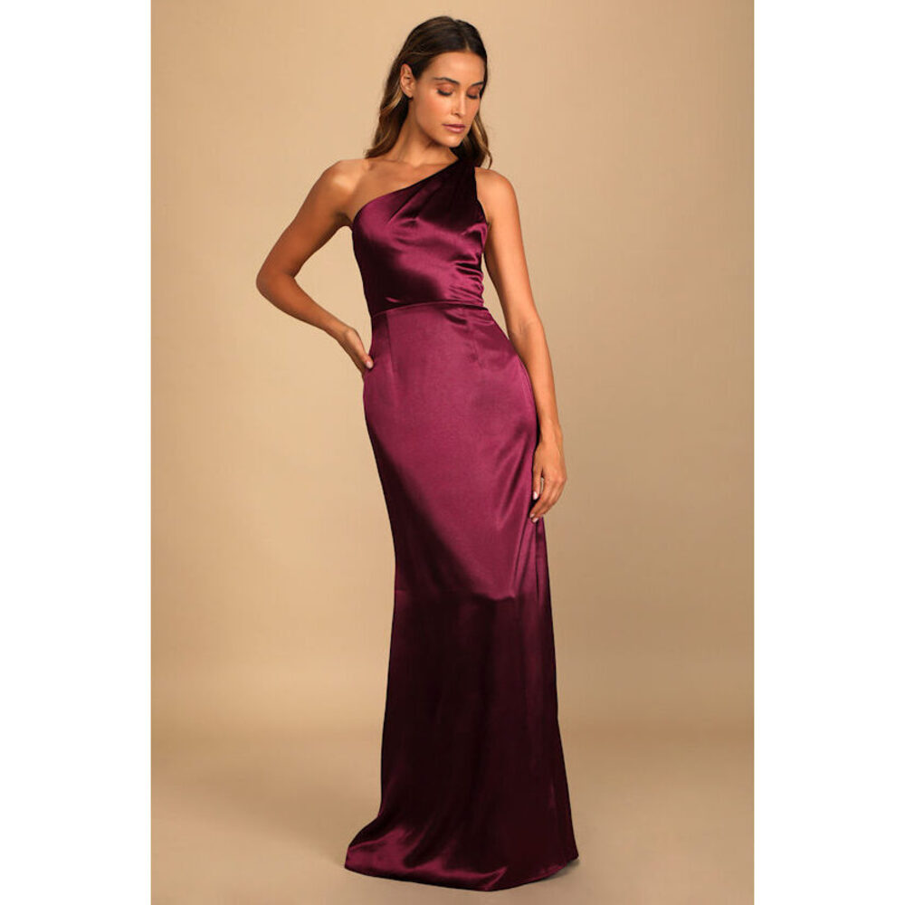 Lulus On The Guest List Burgundy Satin One-shoulder Maxi Dress Red - Size M